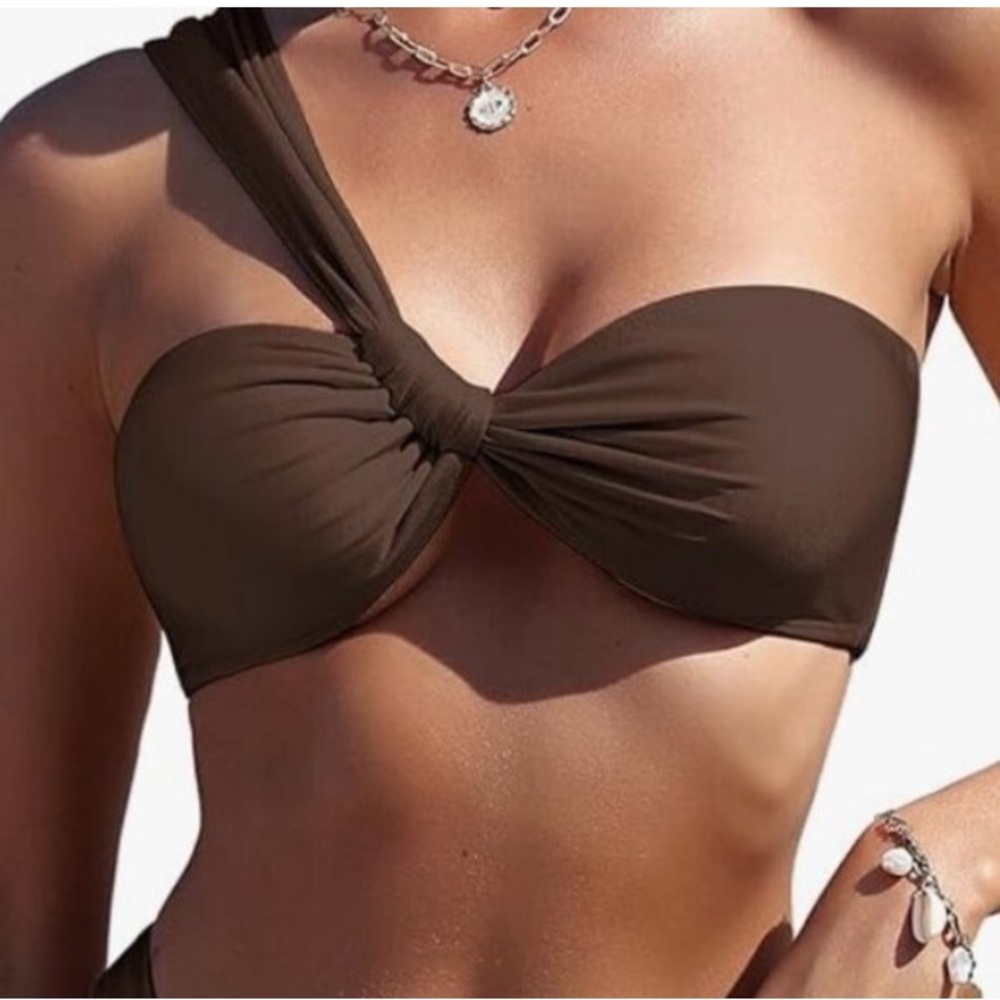 Zaful Womens One-Shoulder Bikini Top in Deep Brown